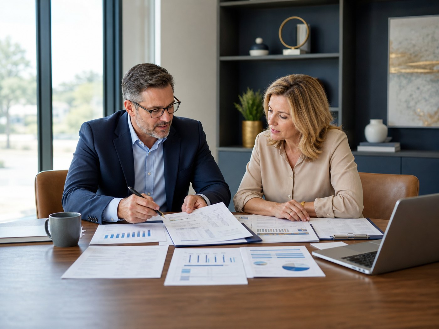 Business owner and advisor reviewing cash-flow timing